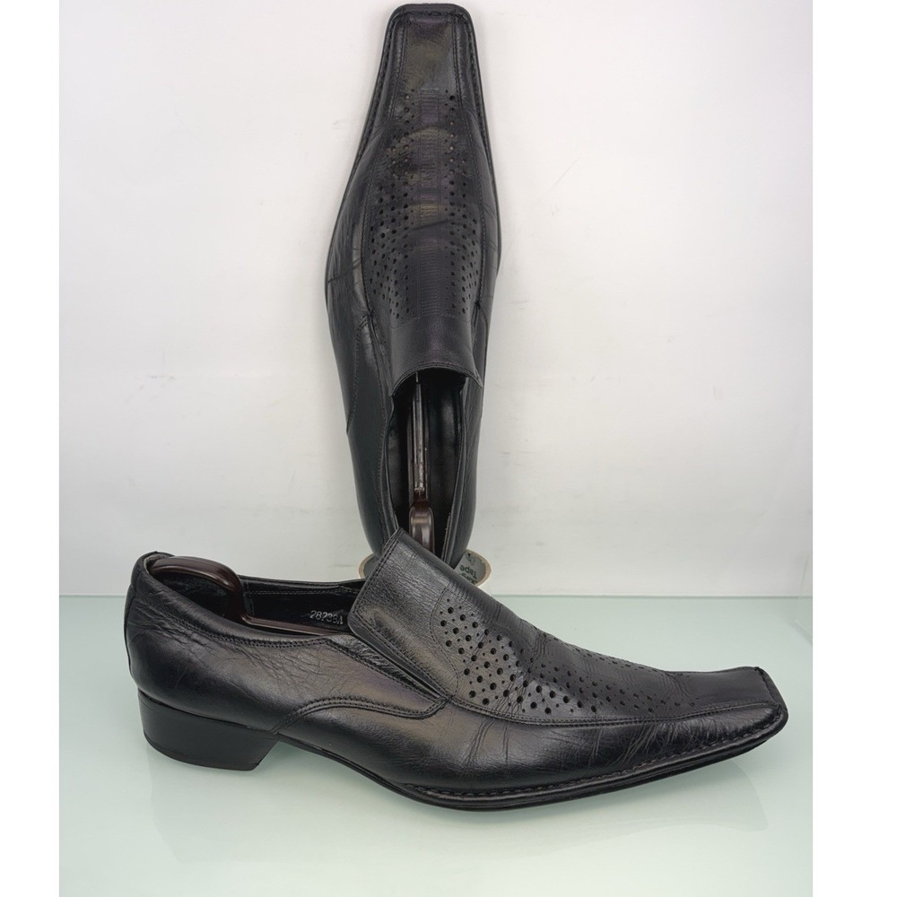 Italian Square Toe Black Leather Loafers Perforated Slip On EU 42 Avant Garde